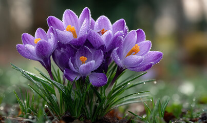 Close-up of blooming purple crocus flowers with vibrant orange stamen, growing in grass, spring scene