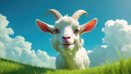 Funny female goat with horns enjoying the summer meadow