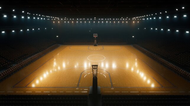 Empty basketball court in a large modern arena overhead view