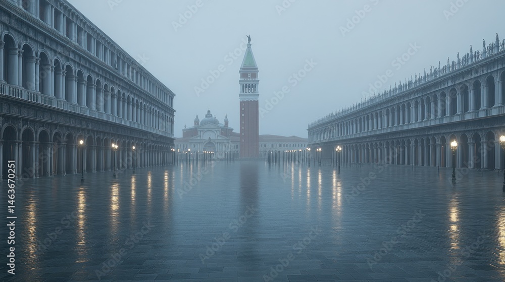 Poster foggy city square with classical architecture symmetrical composition