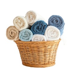 Fototapeta premium Rolled towels in basket home spa isolated on white background