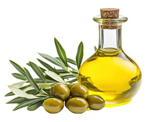 Isolated Olive Oil Bottle with Cork and Fresh Green Olives