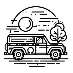 Retro SUV Line Art, Vintage Car Journey