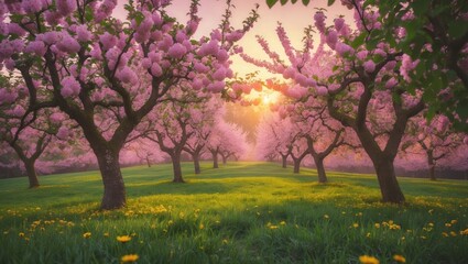 Spring blossoms in an apple orchard with retro filter, showcasing natural beauty. Beauty world.