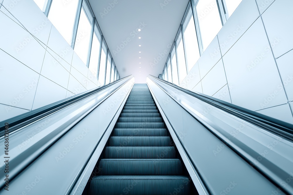 Poster modern escalator in bright building - empty escalator ascending in a modern building with bright win