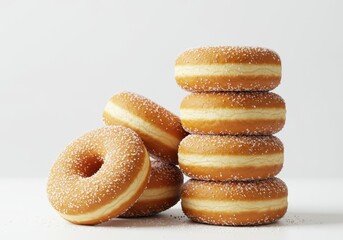 Stack of sugared donuts with a white filling and a few scattered around on a white surface, against a white background
