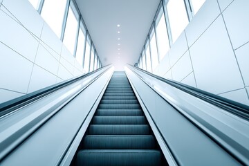 Modern Escalator in Bright Building - Empty escalator ascending in a modern building with bright windows and white walls. Clean lines and minimalist design