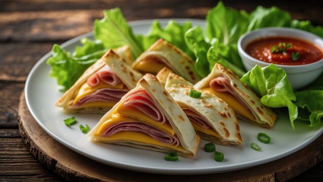 Cheddar and ham wraps accompanied by crispy patties or mini pies with tomato sauce on a white dish garnished with lettuce