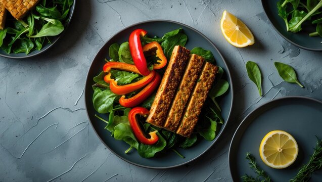 Top-down view of a nutritious green salad with sliced pepper and roasted tempeh, showcasing plant-based protein and healthy meal options.