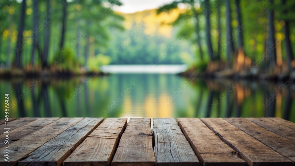 Poster wooden tabletop positioned in front of a blurred green forest and lake or swamp. fresh and relax con