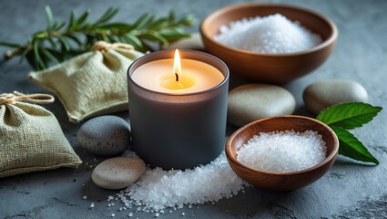 Plakat Table setup in a spa with burning candle and herbal bags, closeup view