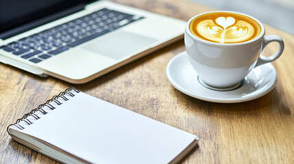 White Coffee Cup Latte Art on Wooden Desk with Laptop and Notebook