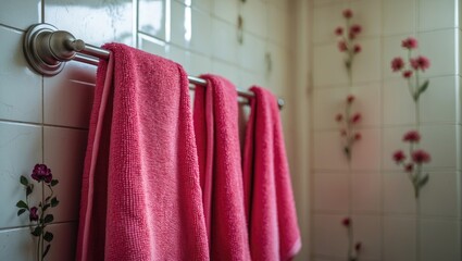 Hanging red towel in bathroom interior with wall background