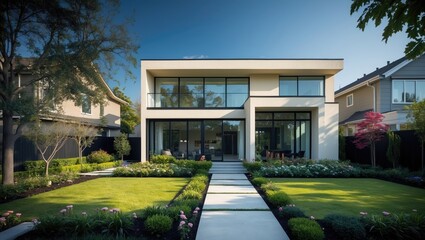 Obraz premium Cream-toned houses with black glass windows, landscaped gardens with trees and lush grass adjacent to the houses
