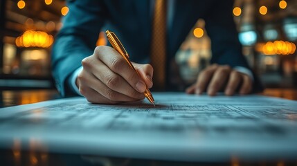 Obraz premium Businessman signing important contract documents, close-up shot of hands and pen.