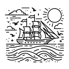 Sailing Ship at Sea, A Line Art Voyage