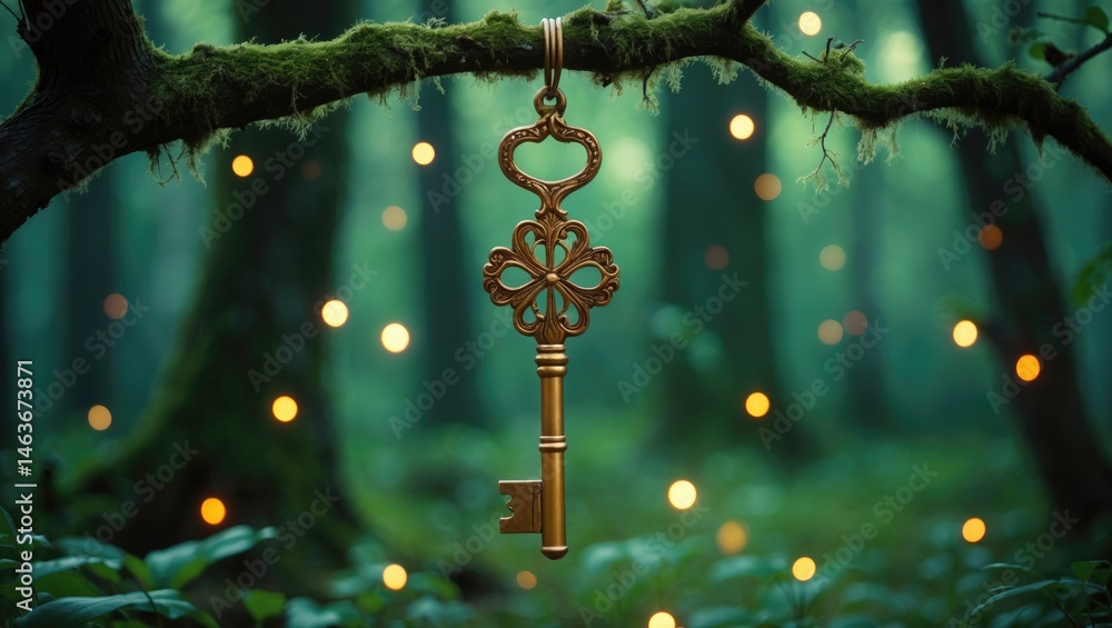 Poster old-fashioned golden key in a summer forest setting with vibrant green background, symbol of secrets
