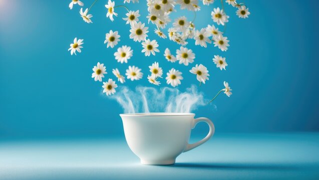 Flowers appear as steam from a white cup on a blue background, tea concept, top view, flat lay - Powered by Adobe