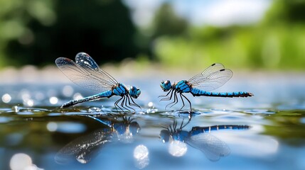Close-Up of Two Dragonflies on Calm Water Surface in Wetland Area