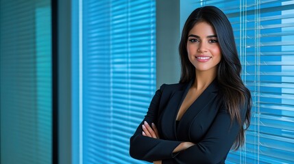 Confident businesswoman portrait elegant woman in black suit near blue blinds