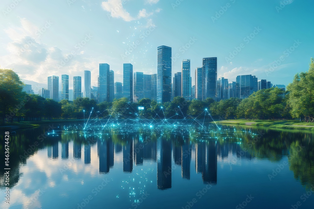 Poster 公園の湖に映る高層ビル群の反射と水の輝きがある都市景観と青空と緑豊かな背景の風景