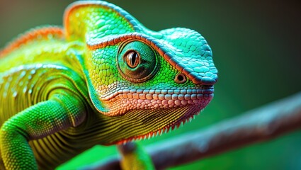 Obraz premium Detailed headshot of an exotic chameleon isolated against a white backdrop