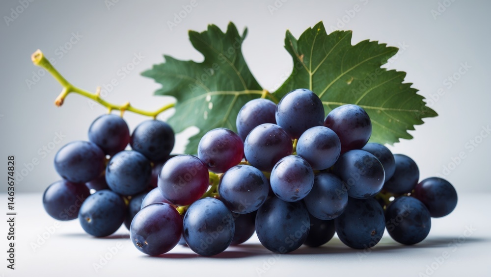 Poster isolated ripe grape cluster with leaf, macro view