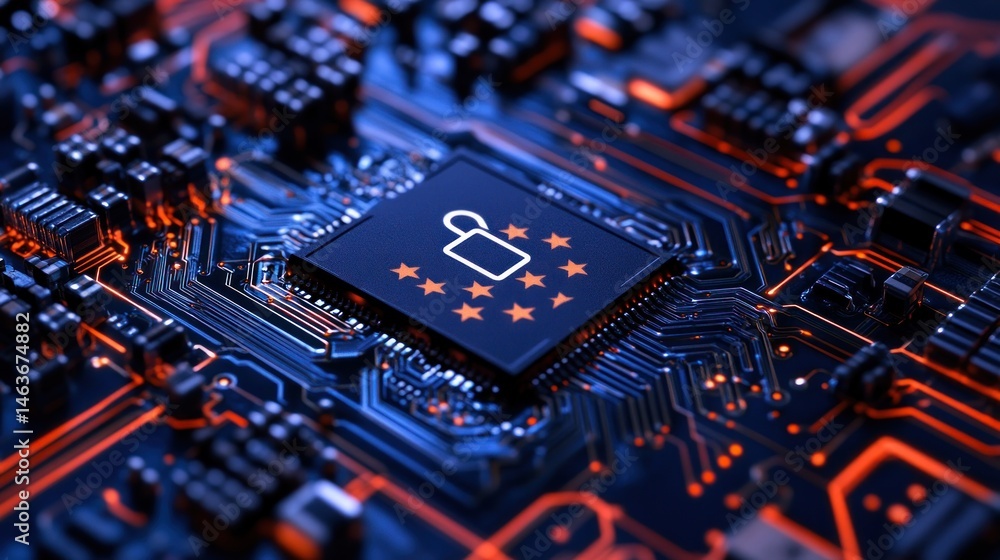 Poster data security microchip padlock and stars on circuit board