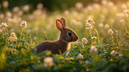 Fototapeta premium Adorable Brown Rabbit Surrounded by Wildflowers in Soft Sunset Light