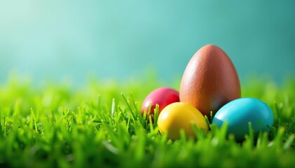Brightly colored eggs nestled in green grass with a painted wooden egg , spring colors, Easter eggs, vibrant