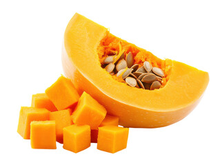Isolated Pile of Diced Butternut Squash with a Halved Squash