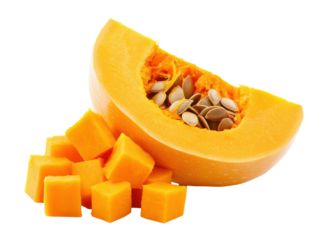 Isolated Pile of Diced Butternut Squash with a Halved Squash