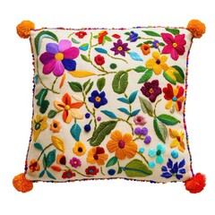 Embroidered floral pillow decorative cushion isolated on white background