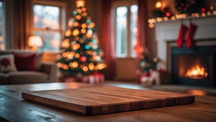 Wooden table arrangement featuring a fireplace and tree scenery