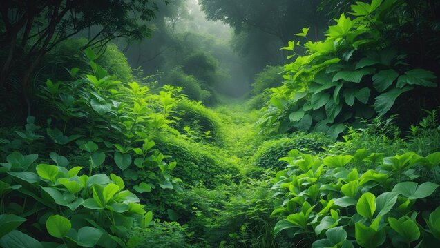 Lush greenery signifies life and rejuvenation, with abundant plants, trees, and grass fostering calmness and mental well-being.