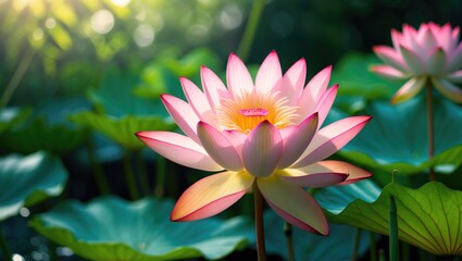 Detailed view of a blooming pink waterlily in a pond setting
