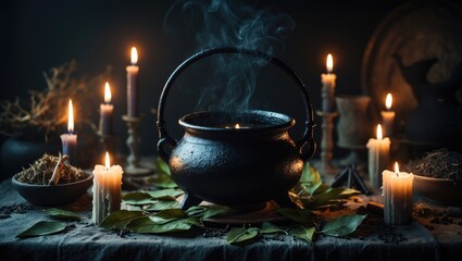 Gothic sacred altar with candles, herbs, and crystals for ritual magic