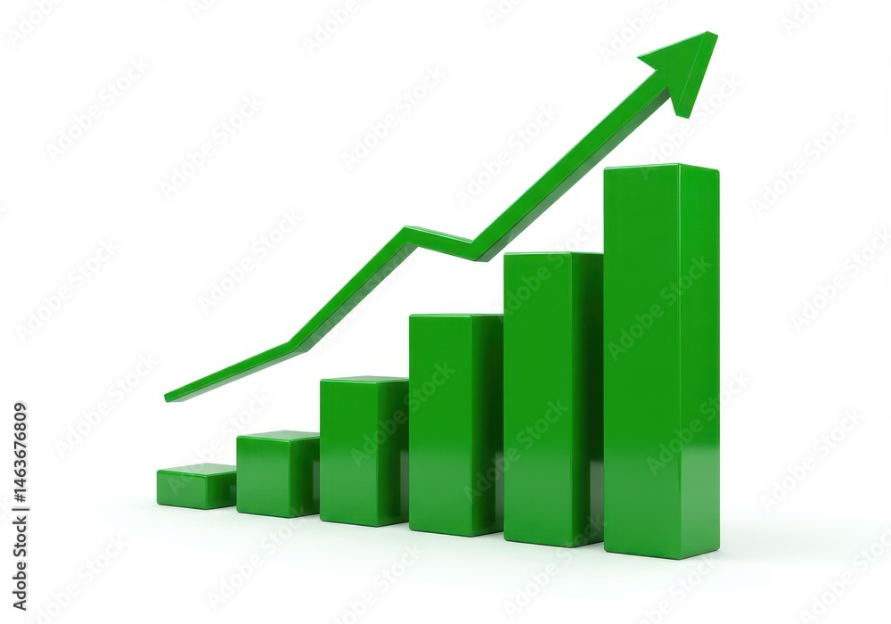 Poster green bar graph with arrow pointing upwards indicating growth on a white background