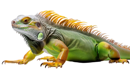Vibrant Green Iguana in Natural Habitat, Showcasing Unique Features and Striking Colors on transparent background