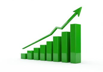 Green bar graph with upward trending arrow on white background symbolizes growth and progress