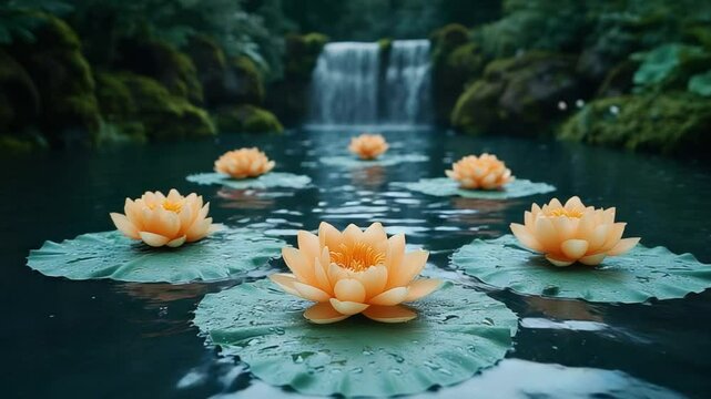 Serene pond scene with vibrant lilies, tranquil waterfall in the background, lush greenery and rocks.  Water lilies float on dark water, with soft orange blossoms