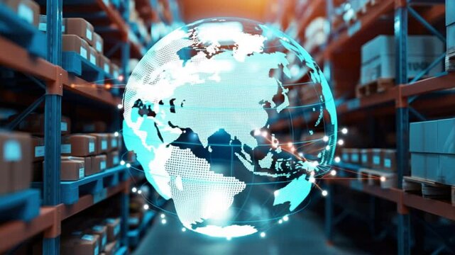 Modern warehouse with a digital globe overlay showcasing global logistics and distribution. - Powered by Adobe