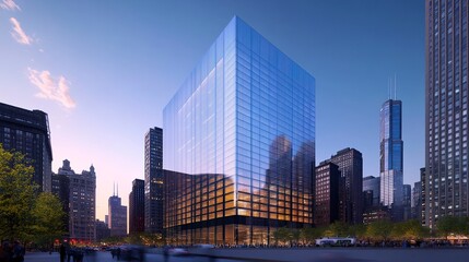 Fototapeta premium A towering office building with clean, straight lines and a reflective glass exterior, blending seamlessly into the modern cityscape 