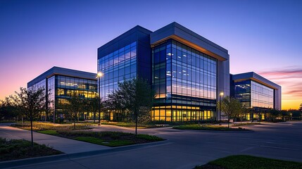 Obraz premium A tranquil office park at dusk, featuring a cluster of modern buildings with glowing windows and smooth glass facades, reflecting the last light of day 