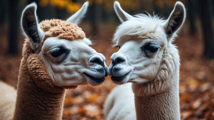 Obraz premium Kissing alpaca and llama. Close-up shot of exotic wildlife. Animal face detail.