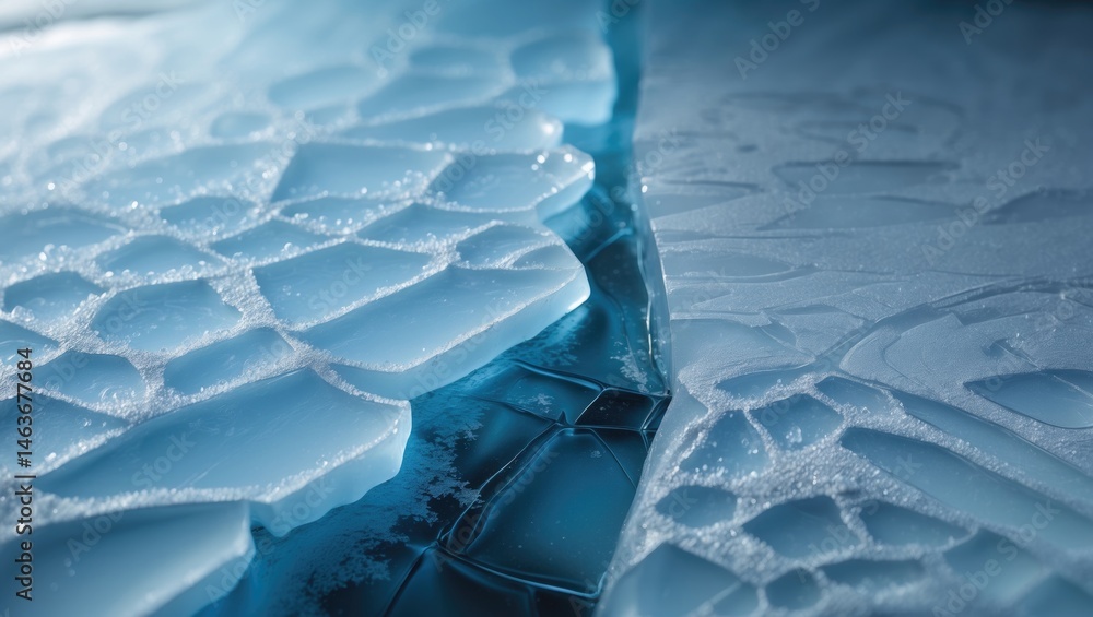 Poster abstract design of ice fissures with a snowy backdrop highlighting cold, frozen scenery