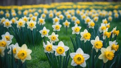 A lively meadow filled with blooming daffodils spreads across verdant grass, illustrating the freshness and vitality of nature awakening