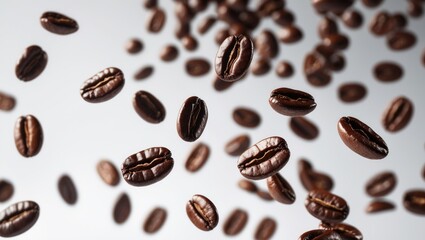 Obraz premium Falling and flying cacao beans on a dark background