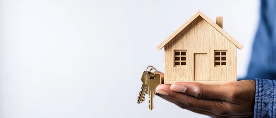 Person holding miniature wooden house and keys home ownership concept