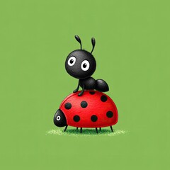 Cute ant on ladybug, whimsical illustration